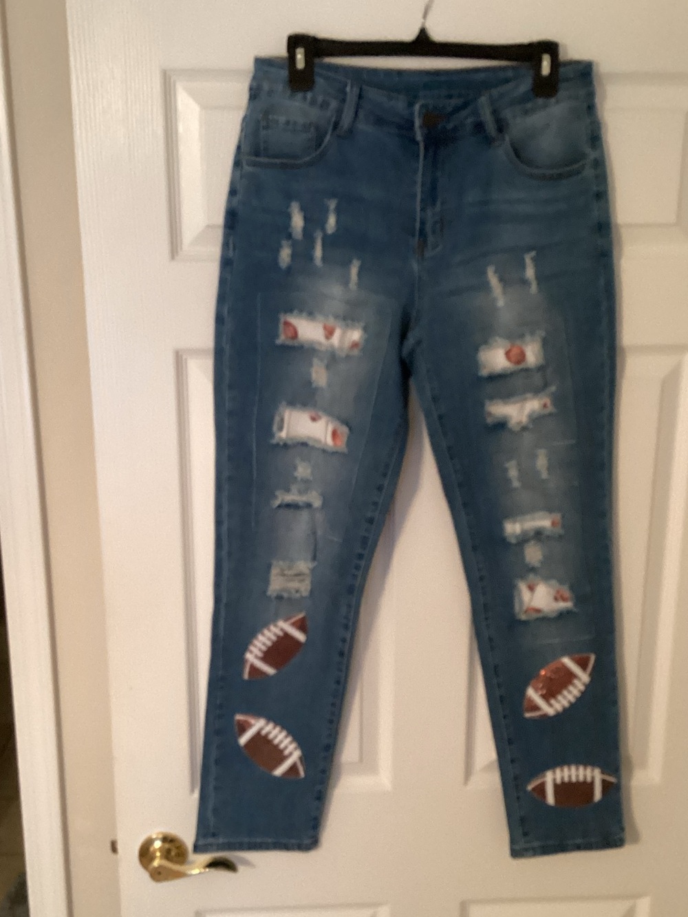 Blue Distressed Women's Jeans with Football Patch
